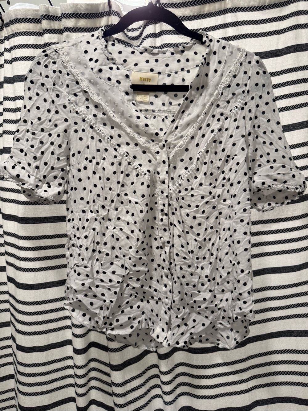 Anthropologie White Blouse with Black Polka Dots